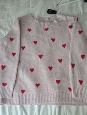 Peace Love World Pink Sweater with Red Heart Motif